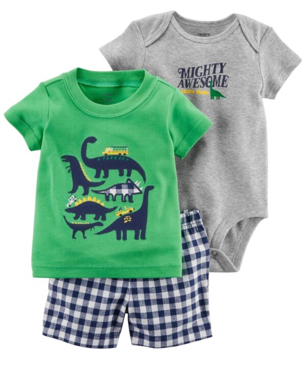 Conjunto dino polera body manga corta y short algodón para bebe niño marca Carters 100% Original en Chile