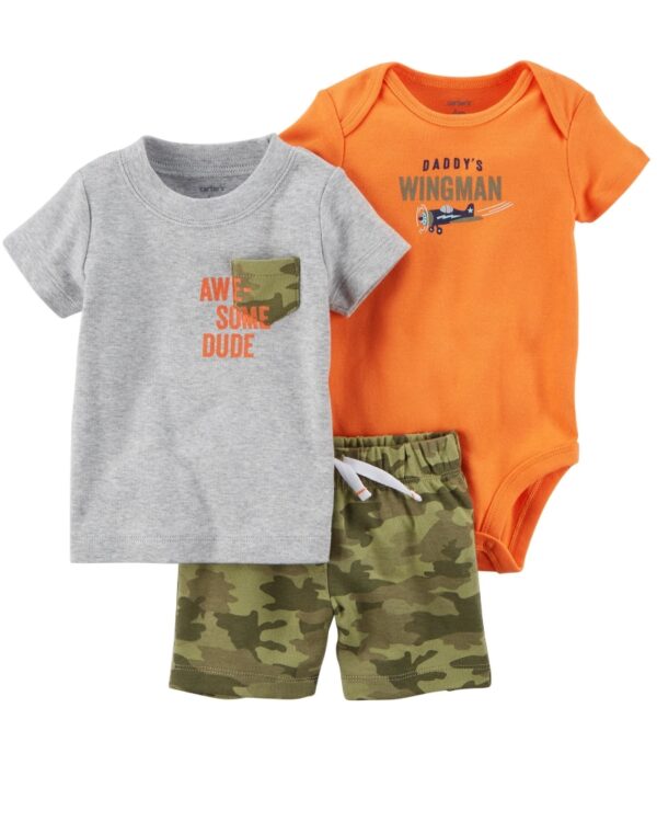 Conjunto militar polera body manga corta y short algodón para bebe niño marca Carters 100% Original en Chile