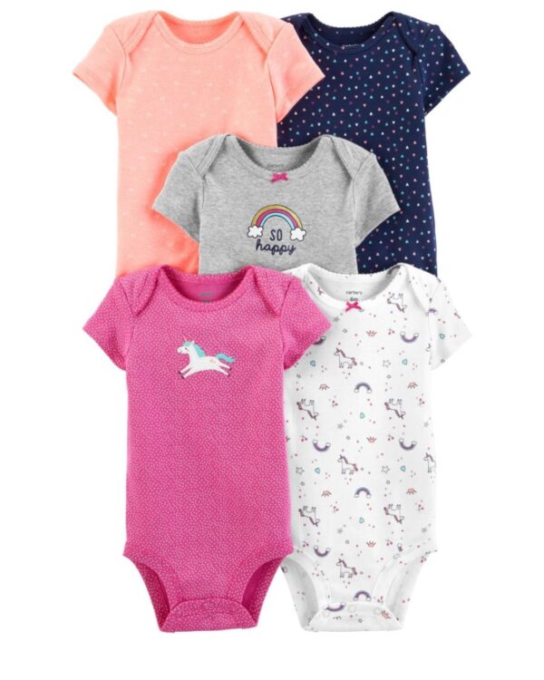 Pack 5 bodies unicornio manga corta para bebe niña marca Carters 100% original en Chile