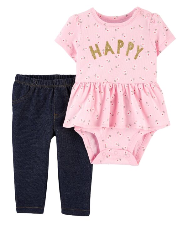 Conjunto body rosado manga corta y pantalón para bebe niña marca Carters 100% Original en Chile