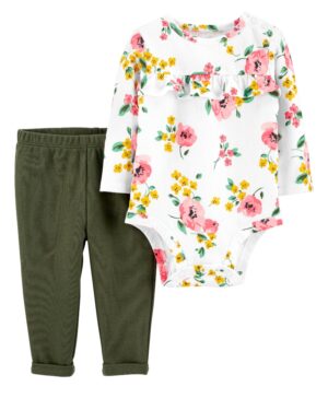 Conjunto body manga larga y pantalón verde de algodón para bebe niña marca Carters 100% original en Chile