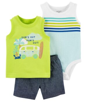 Conjunto polera verde body manga corta y short algodón para bebe niño marca Carters 100% Original en Chile