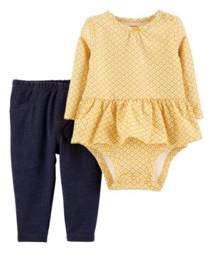Conjunto body manga larga amarillo y pantalón de algodón para bebe niña marca Carters 100% original en Chile