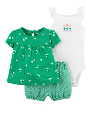 Conjunto polera body manga corta y short verde algodón para bebe niña marca Carters 100% Original en Chile