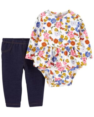 Conjunto body flores manga larga y pantalón de algodón para bebe niña marca Carters 100% original en Chile