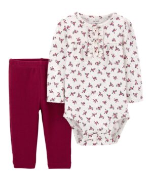 Conjunto body manga larga y pantalón burdeo de algodón para bebe niña marca Carters 100% original en Chile