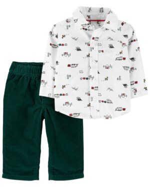 Conjunto camisa manga larga y pantalón verde de algodón para bebe niño marca Carters 100% original en Chile