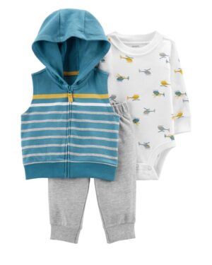 Set conjunto vest capucha body y pantalón gris para bebe niño marca Carters 100% original en Chile