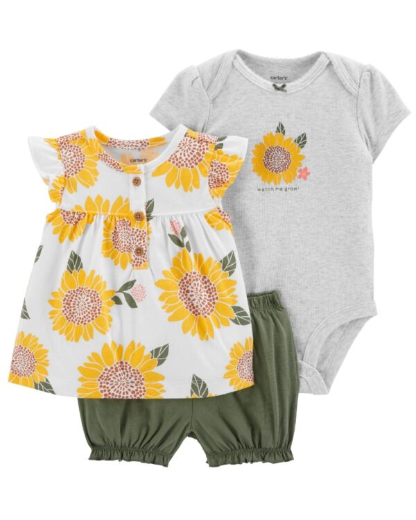 Conjunto polera girasol body manga corta y short algodón para bebe niña marca Carters 100% Original en Chile