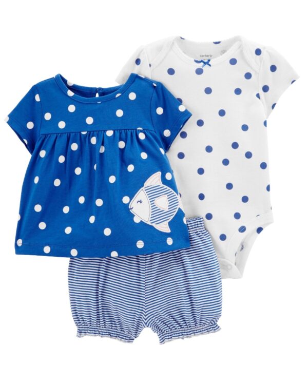 Conjunto polera azul body manga corta y short algodón para bebe niña marca Carters 100% Original en Chile