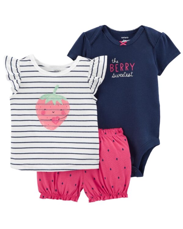 Conjunto polera body manga corta y short frutilla algodón para bebe niña marca Carters 100% Original en Chile