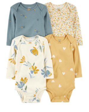 Pack 4 bodies flores manga larga para bebe niña marca Carters 100% original en Chile