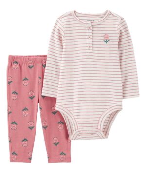 Conjunto body manga larga y pantalón rosa de algodón para bebe niña marca Carters 100% original en Chile