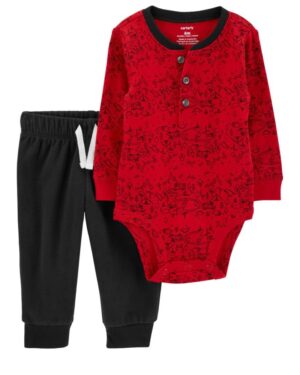 Conjunto body rojito de algodón manga larga y pantalón de micropolar para bebe niño marca Carters 100% original en Chile