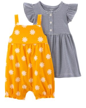 Pack Enterito y vestido rayado para bebe niña marca Carters 100% Original en Chile