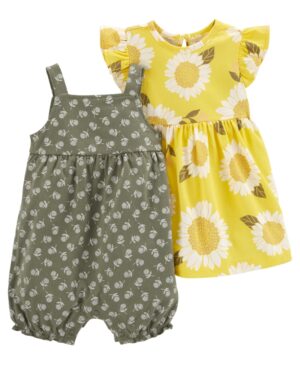 Pack Enterito y vestido girasol para bebe niña marca Carters 100% Original en Chile