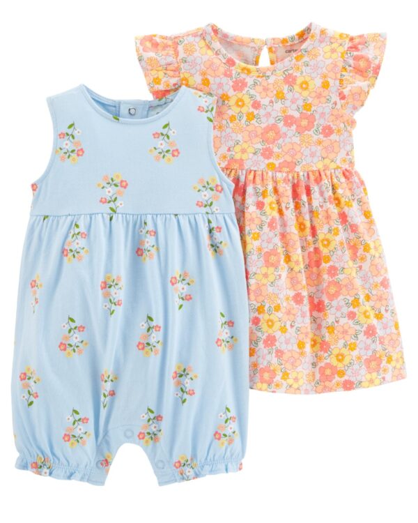 Pack Enterito y vestido floral para bebe niña marca Carters 100% Original en Chile